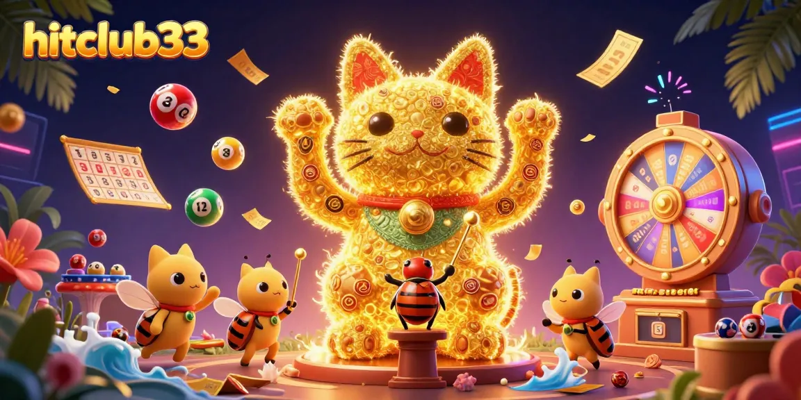 Engage with hitclub33's vibrant lucky cat scene showcasing casino elements and lottery excitement.