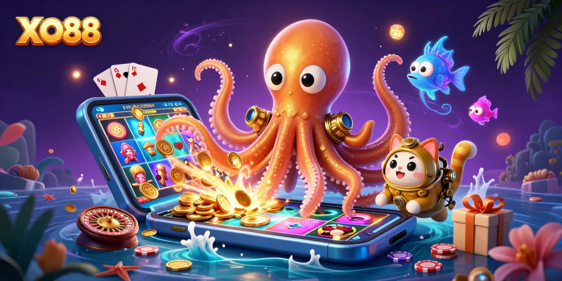Experience thrilling animations as the XO88 kraken captures treasures while diving into gaming.