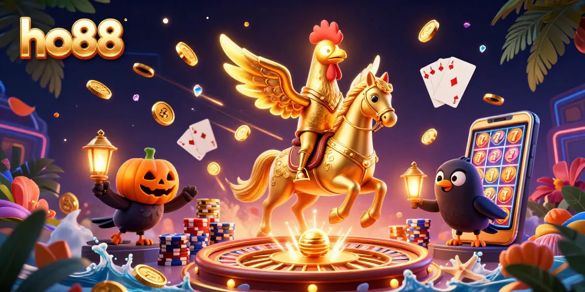 Join the excitement at ho88 with golden rooster characters illuminating a lively casino scene.