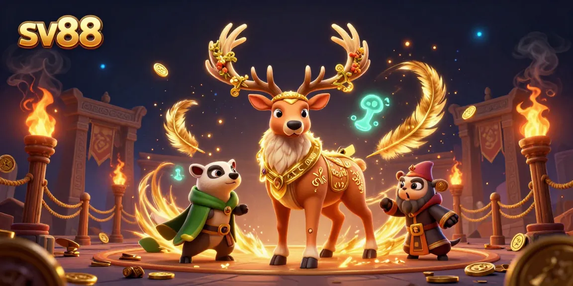 Experience thrilling action at sv88 with a dynamic 3D casino scene illustrating a Celtic druid and badger amidst golden tokens.