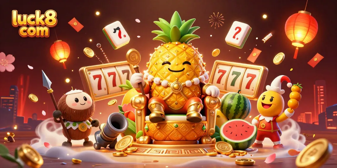 Engage with luck8 com on an exciting casino beach featuring a golden pineapple king and immersive game elements.