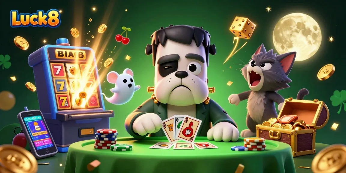 Luck8 showcases an exciting casino scene featuring characters dealt cards and a jackpot slot bursting with coins.