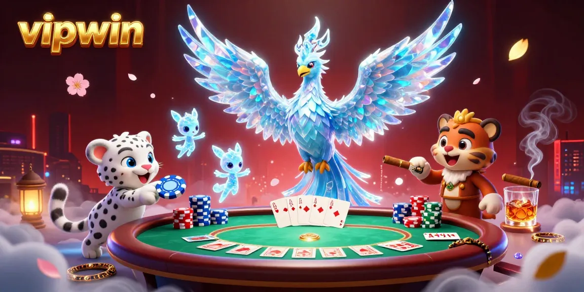 Engage with vipwin through a lively poker scene featuring a colorful 3D ice phoenix and playful ice sprites.