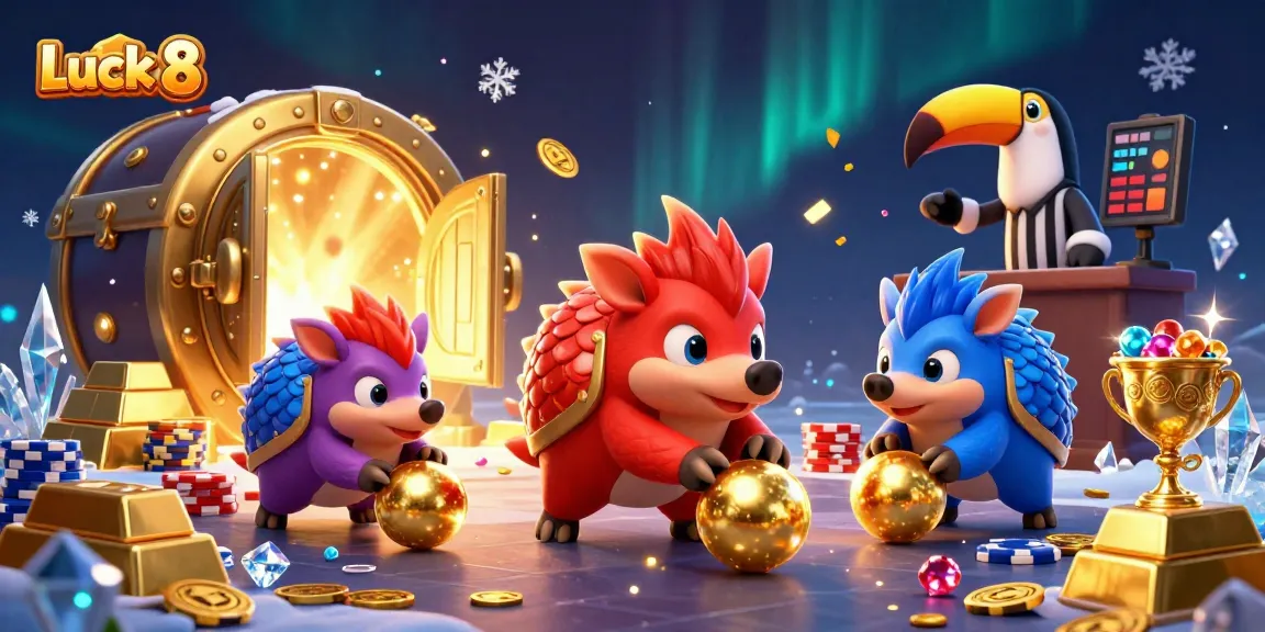Engage in thrilling gameplay at Luck 8 with rival pangolins in a vibrant casino setting.