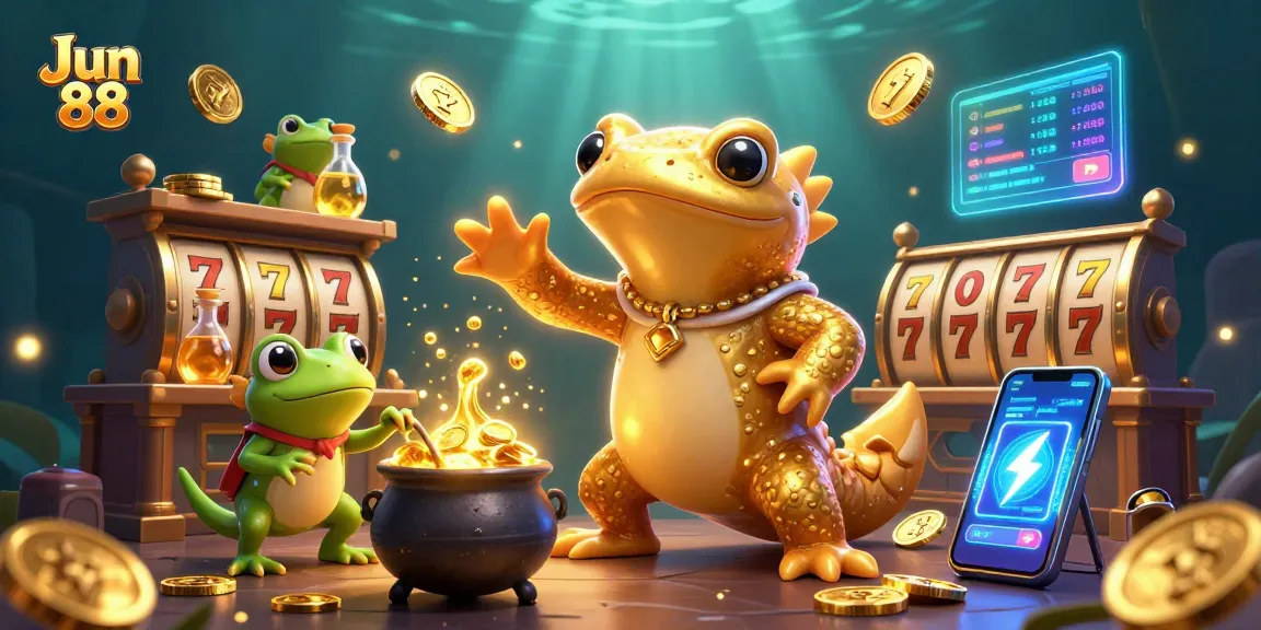 Engage with Jun 88's vibrant slot games featuring golden alchemy in a colorful 3D scene.