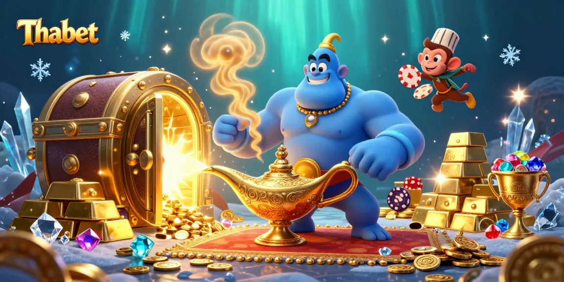 Thabet showcases vibrant gambling excitement with a genie, monkey, and poker chips.