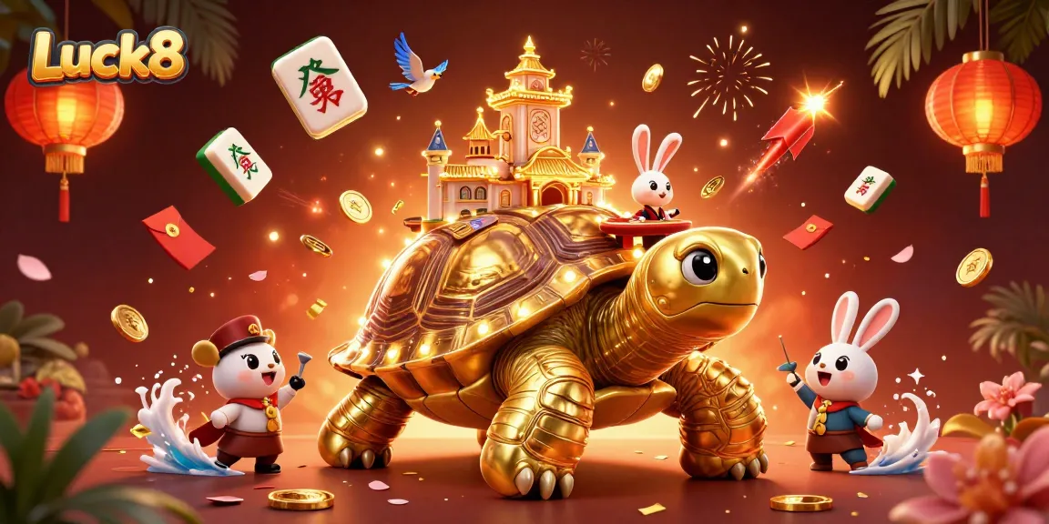 Engage Luck8 betting excitement with vibrant 3D illustration portraying a golden tortoise casino scene.