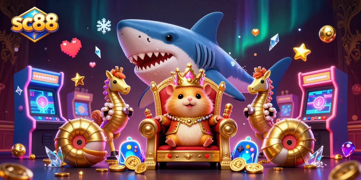 Experience thrilling gaming at sc88 with a vibrant underwater scene featuring a hamster king and his seahorse guards.
