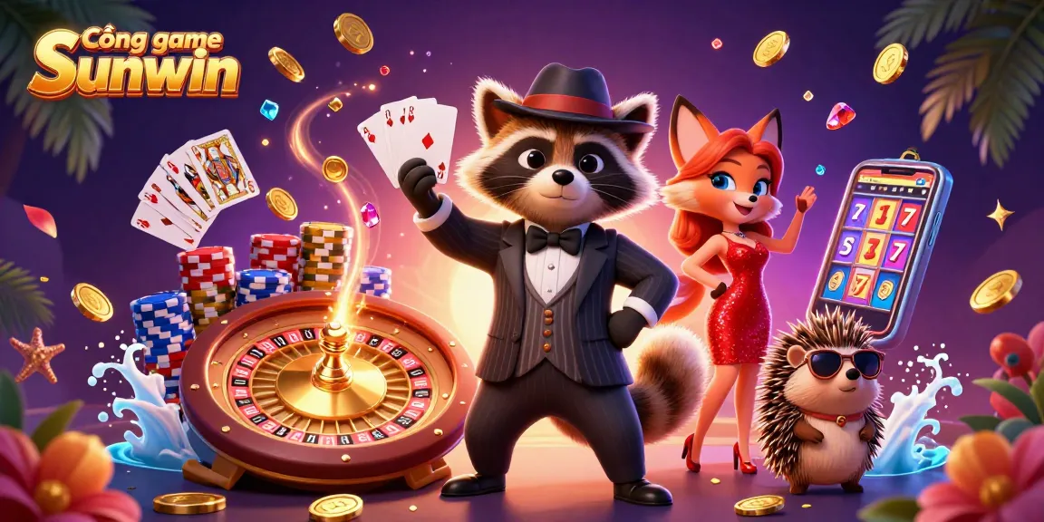 Cổng game Sunwin brings excitement to gambling with a dynamic scene of characters, casino elements, and vibrant colors.