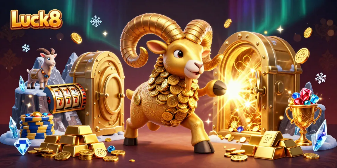 Luck8 offers a rich casino experience, featuring a golden ram, slot reels, and treasure.