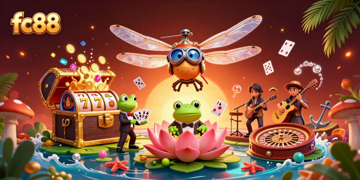 Engage with fc88 in this vibrant casino scene featuring a dragonfly pilot and frog dealer.
