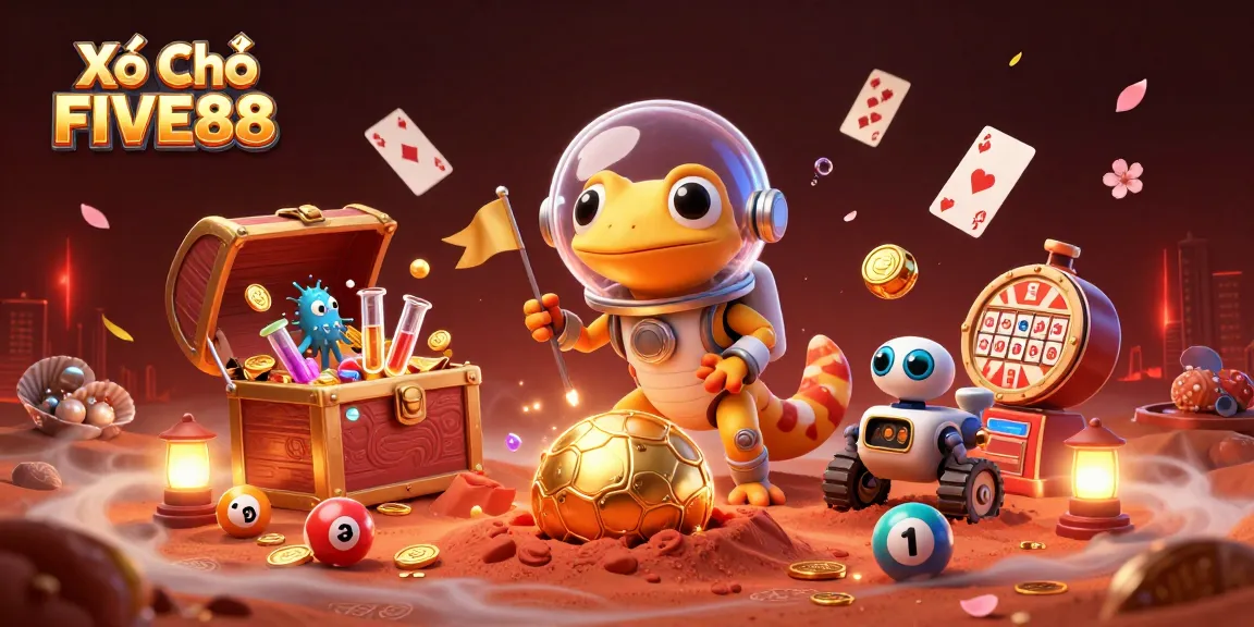 Experience the thrill of Xổ Số FIVE88 with a vibrant, dynamic 3D illustration of a Martian gecko and lottery elements.