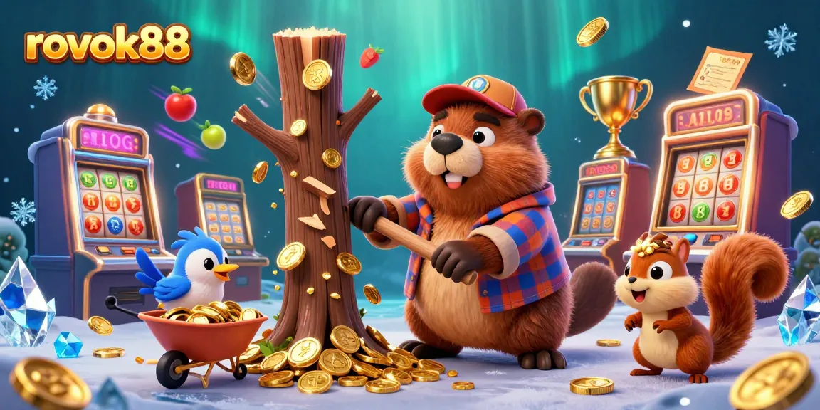 Win big with rokok88 as a playful scene unfolds with cartoon characters amidst spinning slot machines and golden coins.