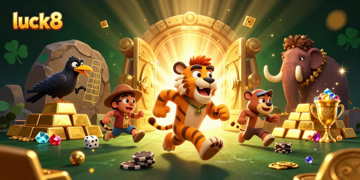 Experience luck8 with a caveman and tiger duo in a vibrant prehistoric casino environment.