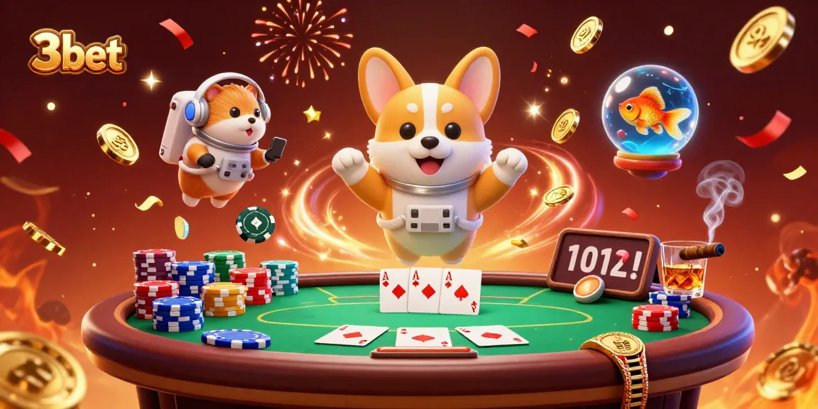 Engage with 3bet in this vibrant 3D casino scene featuring a floating astronaut corgi amidst poker excitement.