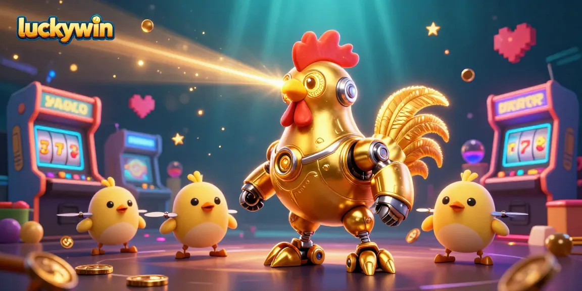 Experience the thrilling games at luckywin, featuring a vibrant scene of a golden rooster robot and baby chick drones at a casino.