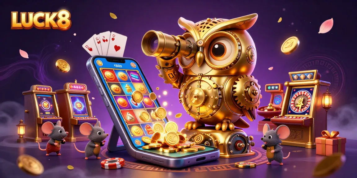 Experience the thrill of LUCK8 with a vibrant casino scene featuring a magical golden owl and interactive game elements.