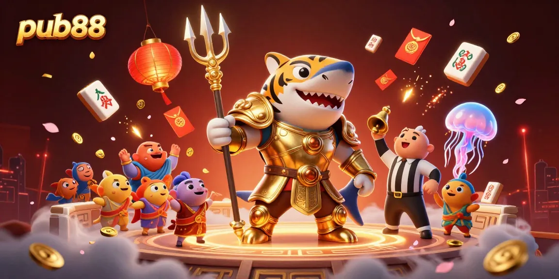 Engaging pub88 gaming scene with a tiger shark and colorful casino elements in a vibrant 3D graphic
