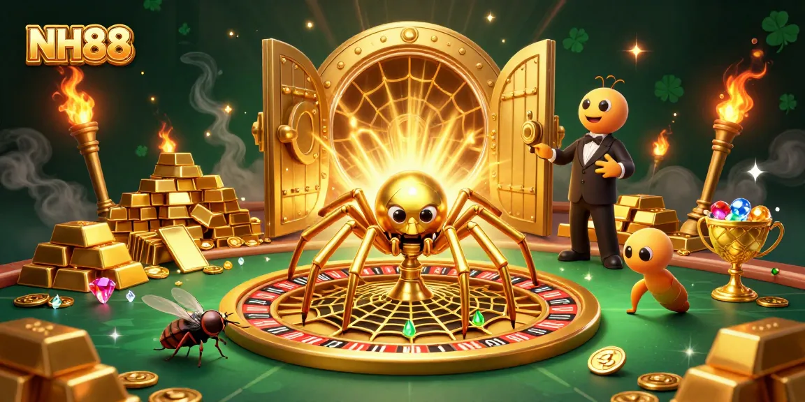 Spin the roulette wheel with NH88's exciting gaming experience featuring a golden spider and vibrant treasures.