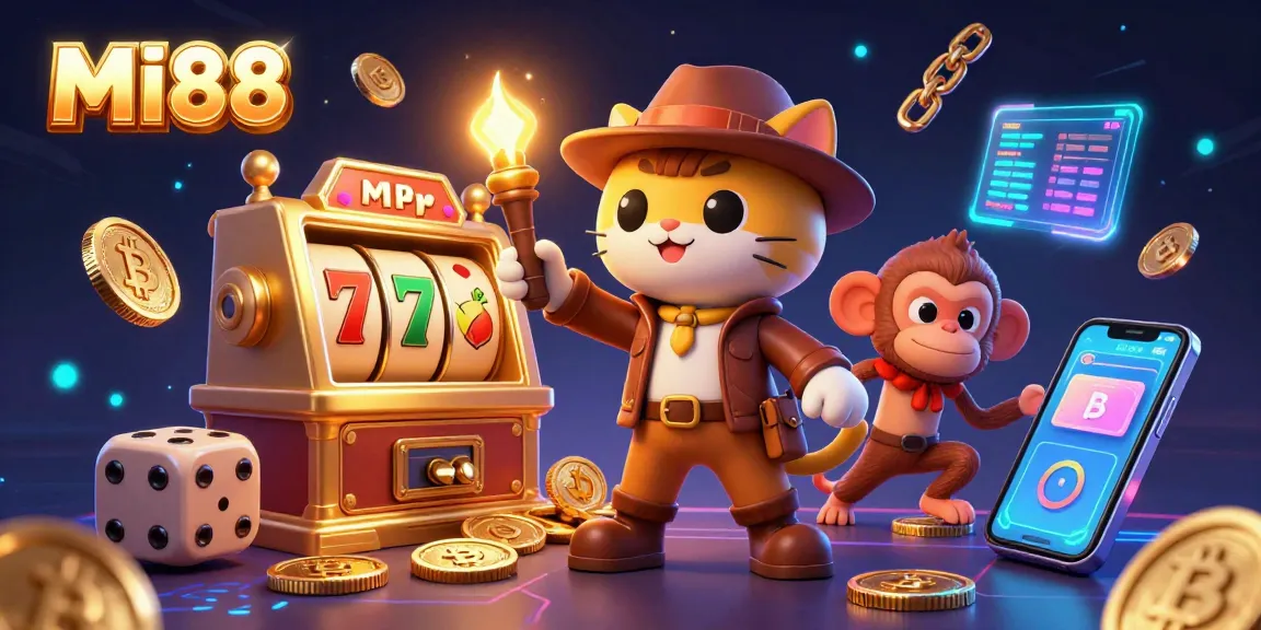 Experience thrilling slots at MI88 with a cartoon archaeologist cat uncovering treasures in a mystical casino.