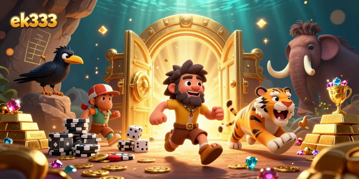 Experience the excitement of ek333 with a vibrant illustration showcasing a cartoon casino scene filled with gems and treasures.