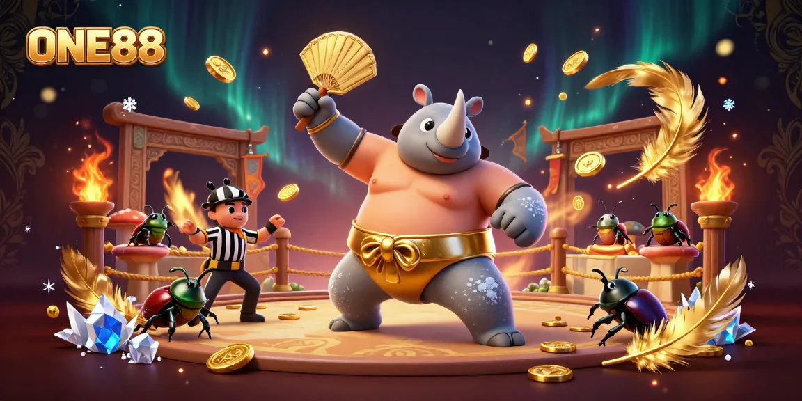 Experience excitement at ONE88 with a sumo beetle champion and casino themes.