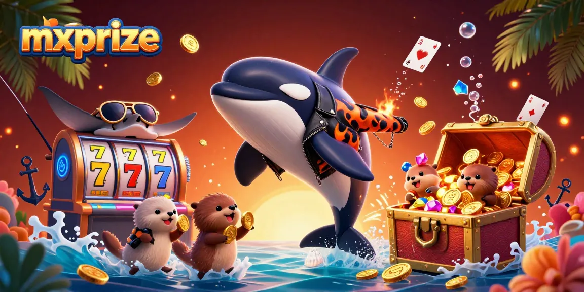 Join the underwater fun with mxprize as the orca jumps and otters celebrate winning coins in a vibrant casino scene.