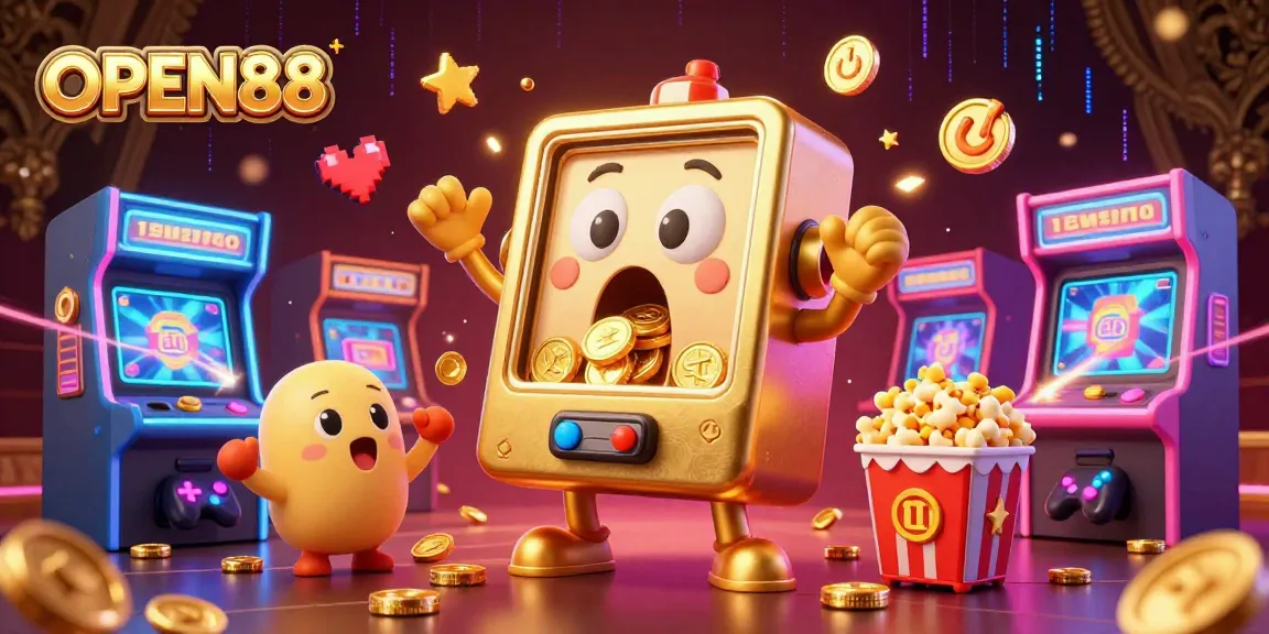 Experience excitement with OPEN88 as the lively golden slot machine hits a jackpot, surrounded by cheering machines and vibrant game elements.