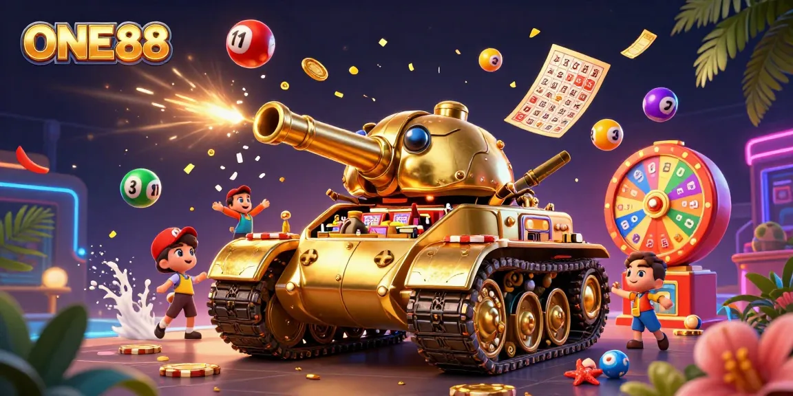 ONE88 features a golden beetle tank casino with vibrant lottery elements, showcasing dynamic gaming excitement.