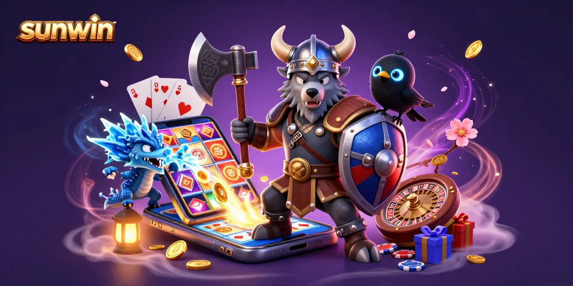 Engage with sunwin's dynamic gaming world featuring a Viking warrior, dragon, and slot machines.