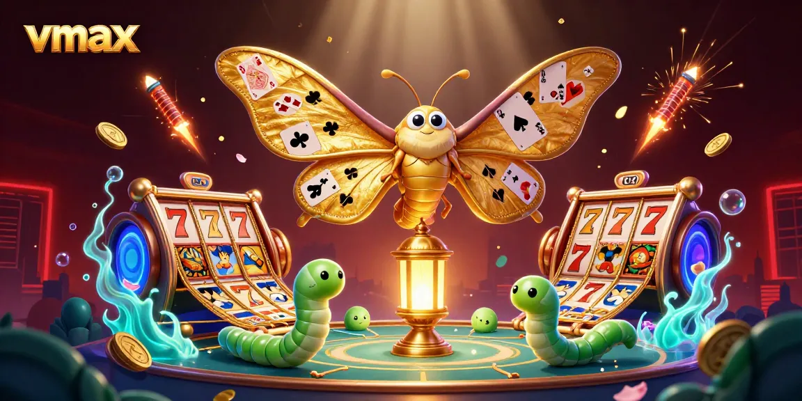 Experience thrilling games with vmax, highlighted by a golden-winged moth surrounded by vibrant casino elements.