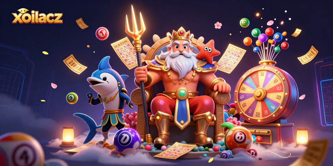 Xoilacz showcases a vibrant lottery scene with Neptune, celebrating big wins and colorful excitement.