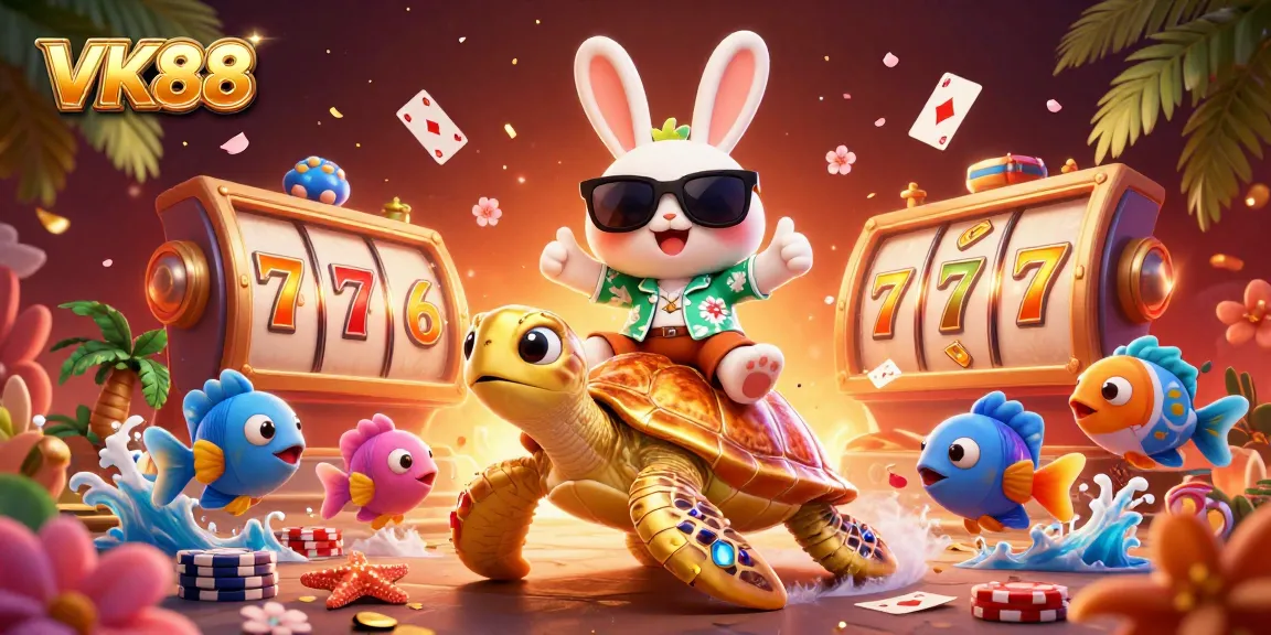 VK88 casino excitement illustrated with a lucky rabbit and turtle amidst vibrant gaming elements.