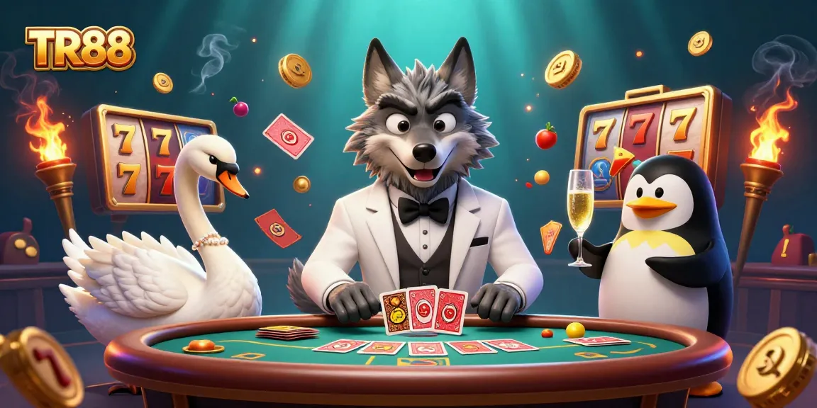 Experience TR88 with an exciting casino scene featuring a wolf, swan, and penguin amidst dynamic slots and jackpots.