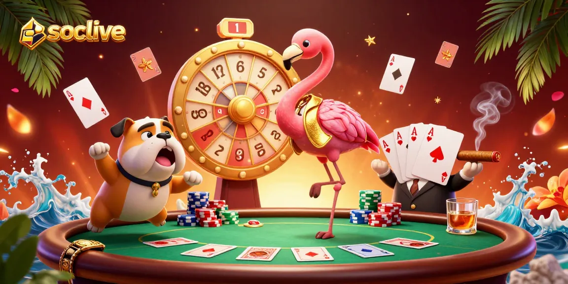 Socolive showcases a vibrant game show scene featuring a flamingo host, bulldog contestant, and cat assistant amidst dynamic poker elements.