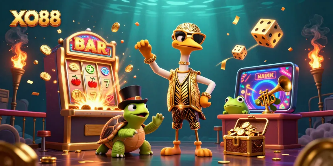 Experience the excitement at XO88 with a vibrant casino scene showcasing dynamic characters and thrilling gaming elements.