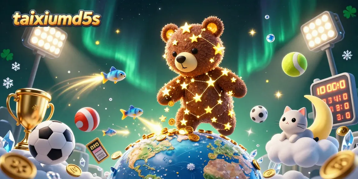 Engage in Tài Xỉu MD5 gameplay, where a constellation bear scoops up coins amidst dynamic sports elements.