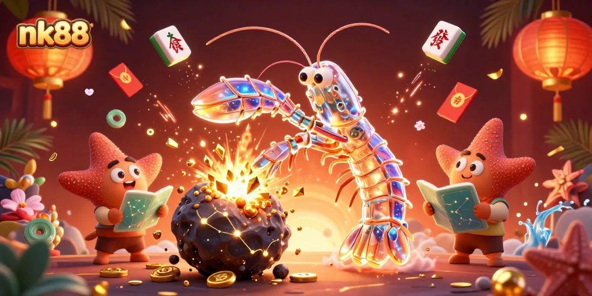 Experience the excitement of nk88 with a galactic samurai shrimp battling asteroids for gems in a vibrant casino setting.