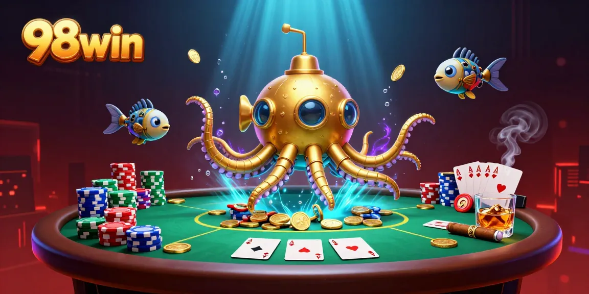 Experience 98win’s exciting underwater casino adventure featuring golden kraken and poker elements.