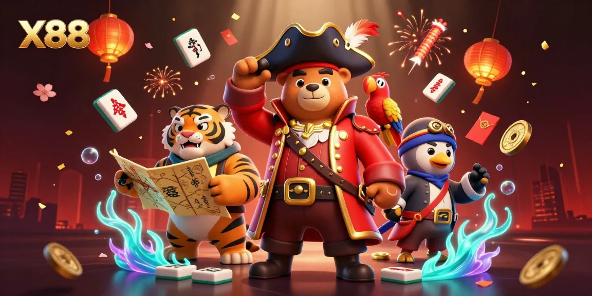 Play exciting games at x88, featuring a pirate scene with vibrant casino elements.