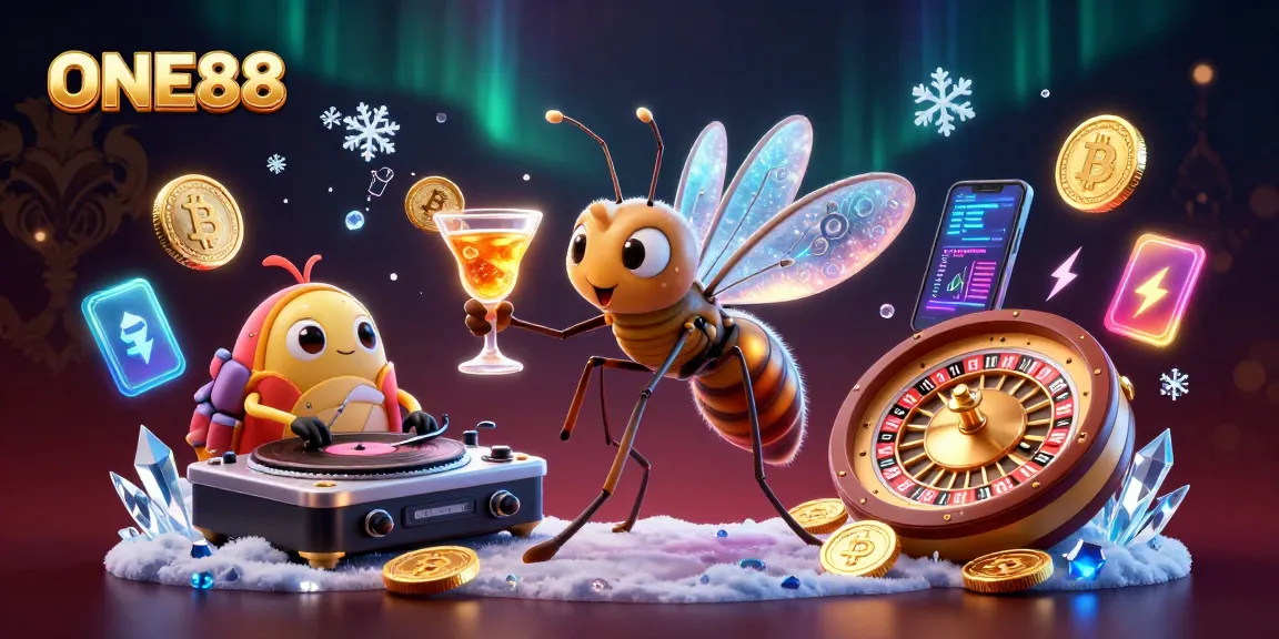 Experience the thrilling essence of ONE88 casino with a vibrant 3D scene of unique characters and crypto elements.