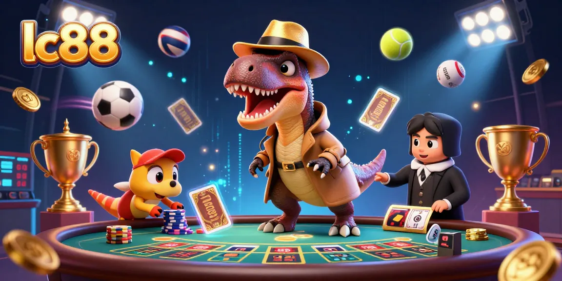 lc88 velociraptor playing blackjack with a stegosaurus pit boss and a compy pickpocket in a lively casino scene