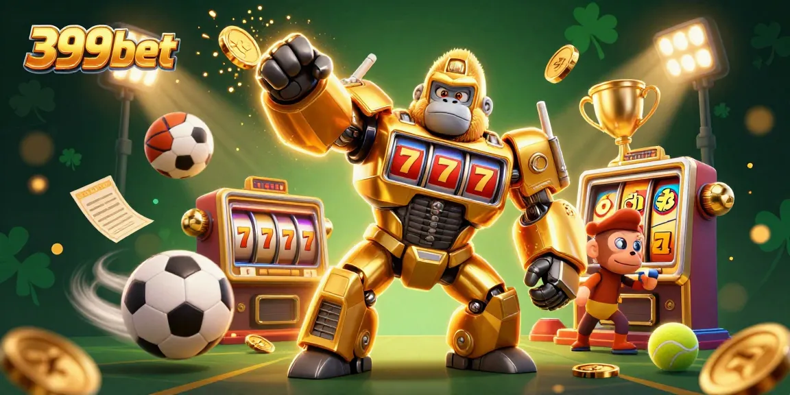 Experience gaming excitement with the vibrant 399bet gorilla mech illustration featuring dynamic sports elements.