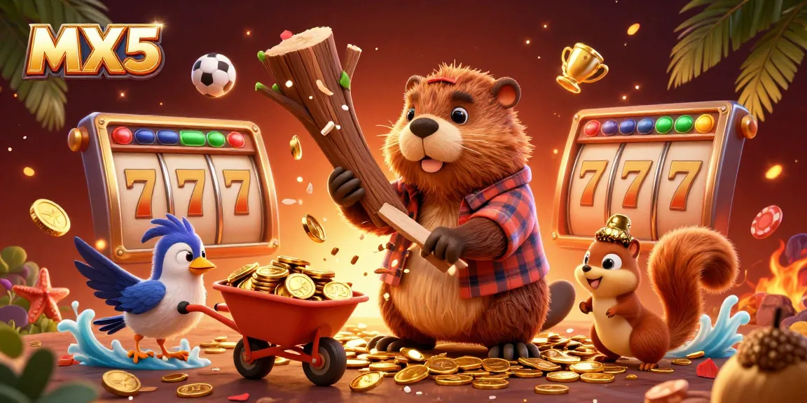 Experience the excitement of MX5 with cartoon characters collecting coins in a lively casino scene filled with slot reels.
