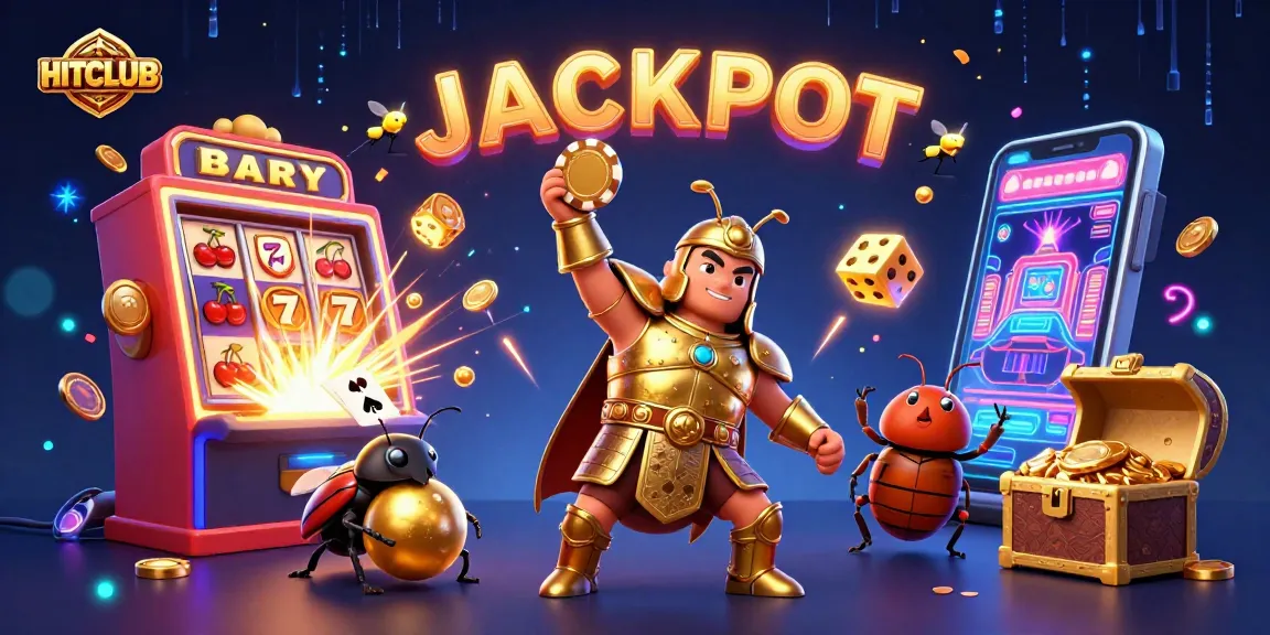 Win big with HITCLUB as a heroic beetle celebrates a jackpot in a vibrant casino scene.