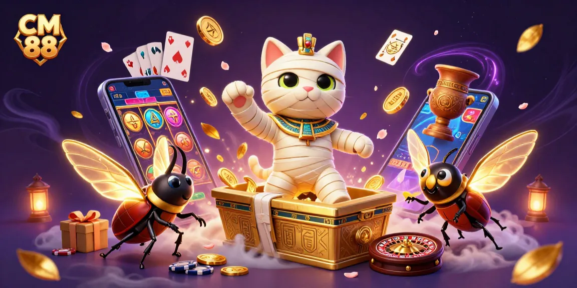 Engage in thrilling gameplay at CM 88 with an Egyptian mummy cat and vibrant casino elements.