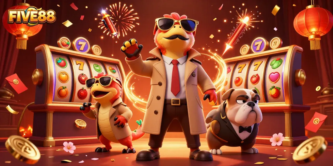 FIVE88 raptors in a trench coat attempting casino entry, vibrant slot game elements surrounding