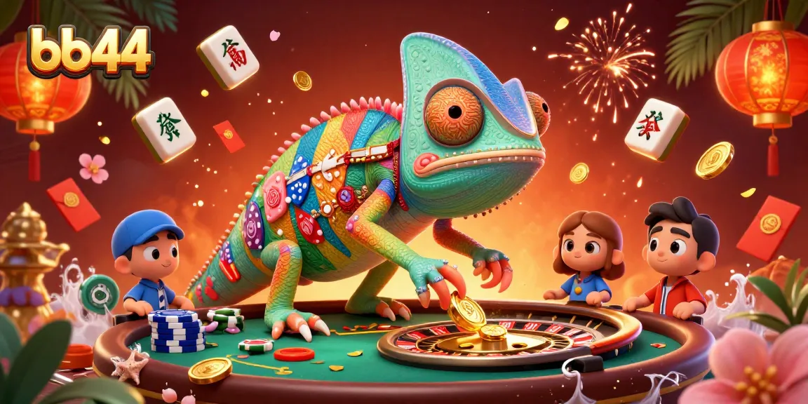 Experience thrilling gameplay with bb44's vibrant 3D illustration featuring a chameleon casino owner and festive elements.