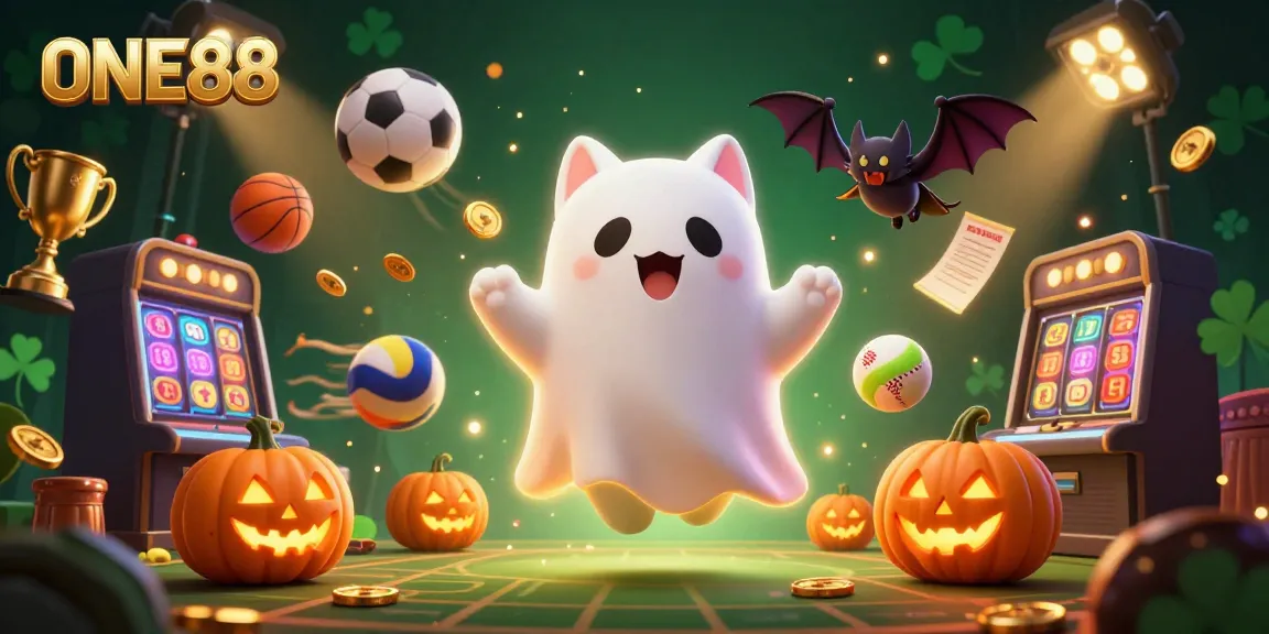 Experience the thrill with ONE88 as a friendly ghost cat and vampire bat explore a haunted casino.