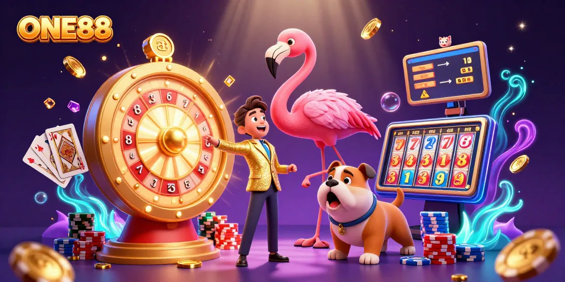ONE88 engages with festive casino excitement as a flamingo host spins a prize wheel surrounded by a cheering bulldog and vibrant prizes.